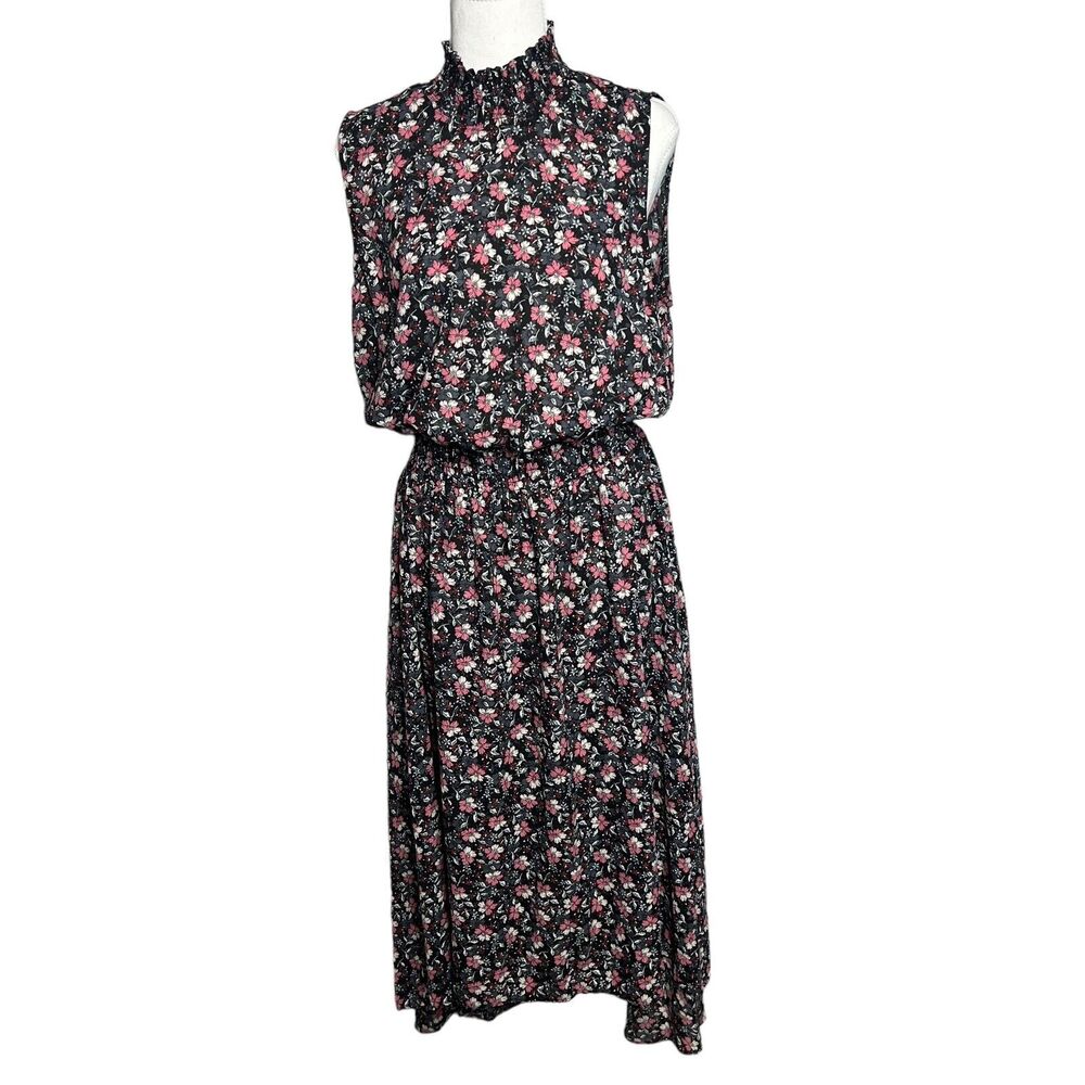 Nanette Lepore Women Black SZ 12 Sleeveless high Mock Neck Hi low Floral Dress - Picture 2 of 9
